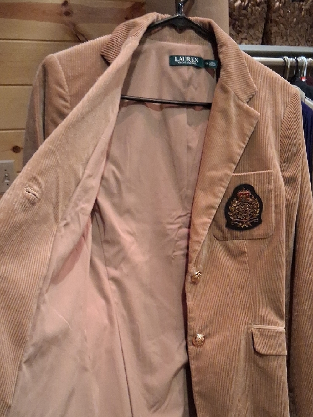 Lauren Ralph Lauren Camel Corduroy Blazer with Gold Crest Patch - Picture 8 of 9